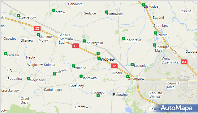 mapa Wróblew powiat sieradzki, Wróblew powiat sieradzki na mapie Targeo