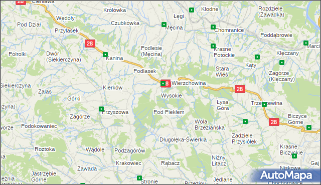 mapa Wysokie gmina Limanowa, Wysokie gmina Limanowa na mapie Targeo