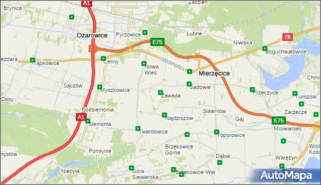 mapa Zawada gmina Mierzęcice, Zawada gmina Mierzęcice na mapie Targeo