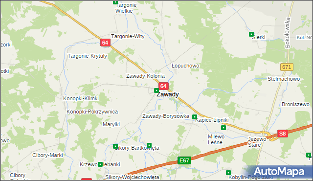 mapa Zawady powiat białostocki, Zawady powiat białostocki na mapie Targeo