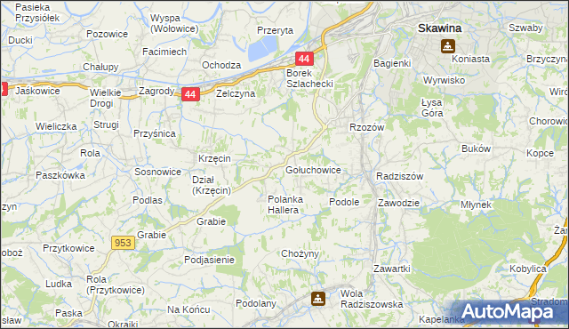 mapa Gołuchowice gmina Skawina, Gołuchowice gmina Skawina na mapie Targeo