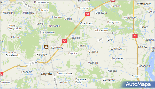 mapa Kozłów gmina Chynów, Kozłów gmina Chynów na mapie Targeo
