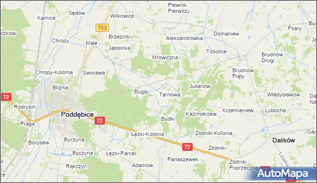 mapa Tarnowa gmina Poddębice, Tarnowa gmina Poddębice na mapie Targeo