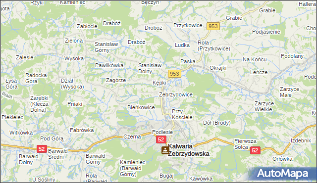 mapa Zebrzydowice gmina Kalwaria Zebrzydowska, Zebrzydowice gmina Kalwaria Zebrzydowska na mapie Targeo