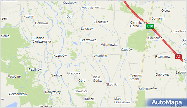 mapa Wilamów gmina Uniejów, Wilamów gmina Uniejów na mapie Targeo