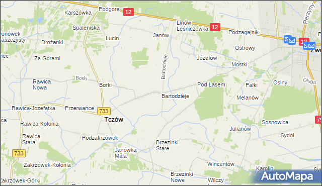 mapa Bartodzieje gmina Tczów, Bartodzieje gmina Tczów na mapie Targeo