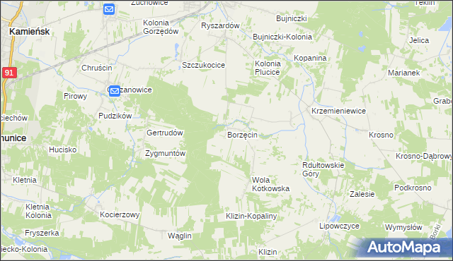 mapa Borzęcin gmina Gorzkowice, Borzęcin gmina Gorzkowice na mapie Targeo