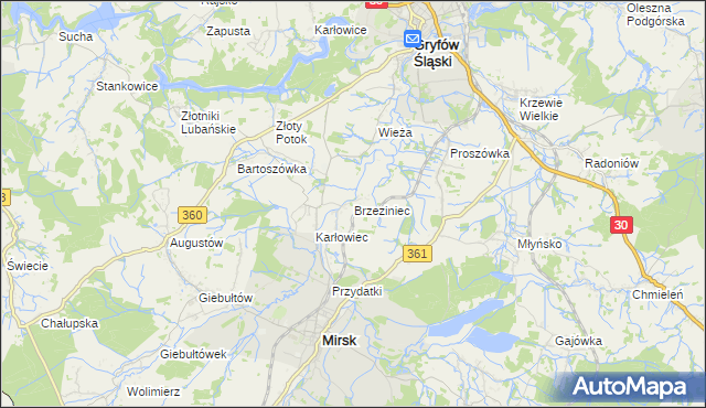 mapa Brzeziniec gmina Mirsk, Brzeziniec gmina Mirsk na mapie Targeo