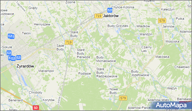 mapa Budy Michałowskie gmina Jaktorów, Budy Michałowskie gmina Jaktorów na mapie Targeo
