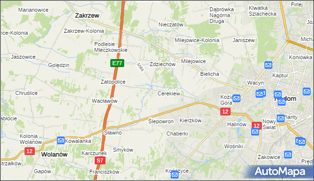 mapa Cerekiew gmina Zakrzew, Cerekiew gmina Zakrzew na mapie Targeo