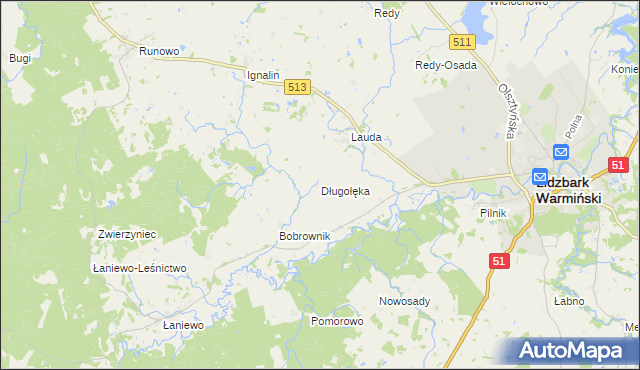 mapa Długołęka gmina Lidzbark Warmiński, Długołęka gmina Lidzbark Warmiński na mapie Targeo