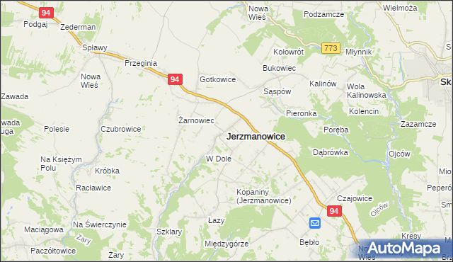 mapa Jerzmanowice gmina Jerzmanowice-Przeginia, Jerzmanowice gmina Jerzmanowice-Przeginia na mapie Targeo