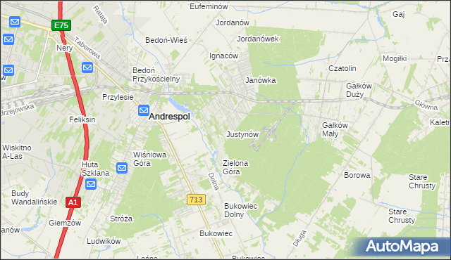 mapa Justynów gmina Andrespol, Justynów gmina Andrespol na mapie Targeo