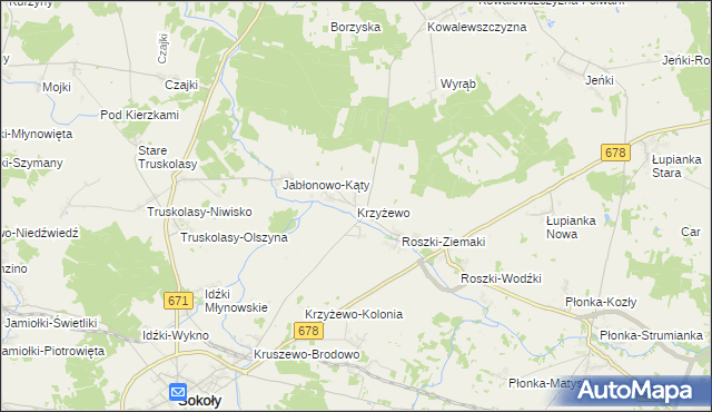 mapa Krzyżewo gmina Sokoły, Krzyżewo gmina Sokoły na mapie Targeo