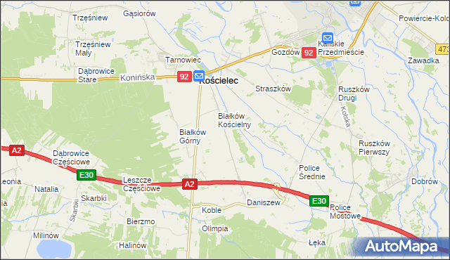 mapa Leszcze gmina Kościelec, Leszcze gmina Kościelec na mapie Targeo