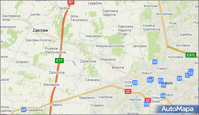 mapa Milejowice gmina Zakrzew, Milejowice gmina Zakrzew na mapie Targeo