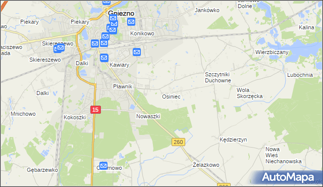 mapa Osiniec gmina Gniezno, Osiniec gmina Gniezno na mapie Targeo