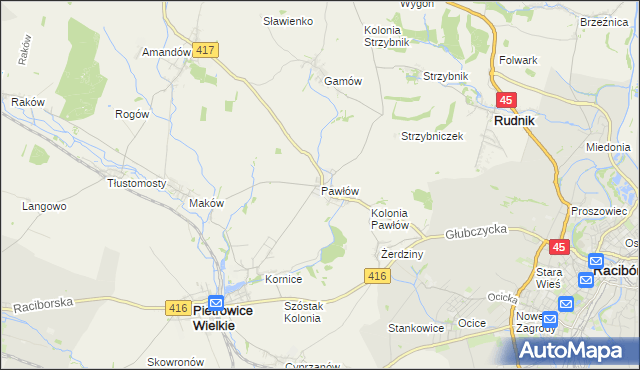 mapa Pawłów gmina Pietrowice Wielkie, Pawłów gmina Pietrowice Wielkie na mapie Targeo