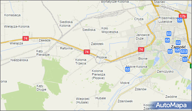 mapa Płoskie gmina Zamość, Płoskie gmina Zamość na mapie Targeo