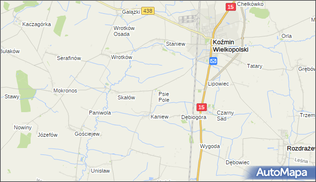 mapa Psie Pole gmina Koźmin Wielkopolski, Psie Pole gmina Koźmin Wielkopolski na mapie Targeo