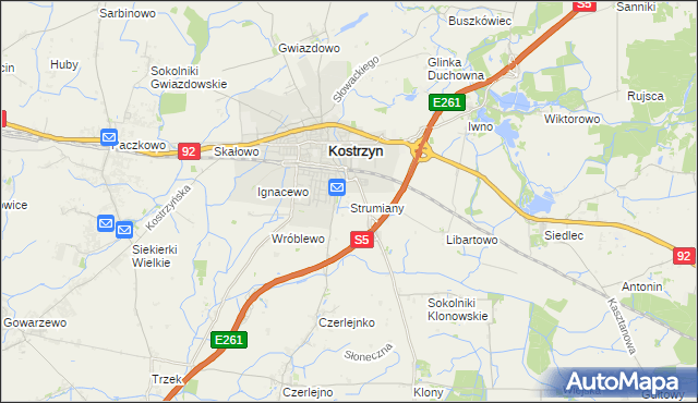 mapa Strumiany gmina Kostrzyn, Strumiany gmina Kostrzyn na mapie Targeo