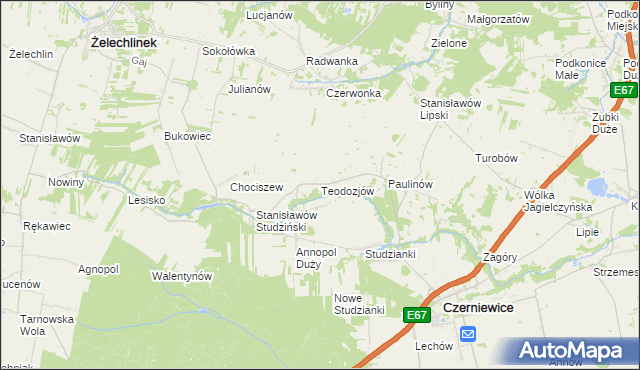 mapa Teodozjów gmina Czerniewice, Teodozjów gmina Czerniewice na mapie Targeo