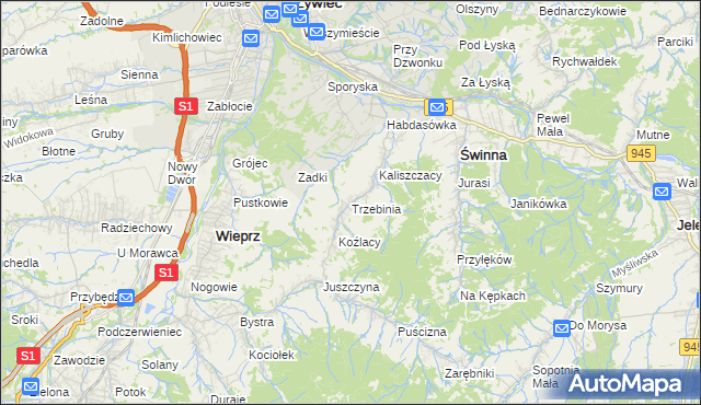 mapa Trzebinia gmina Świnna, Trzebinia gmina Świnna na mapie Targeo
