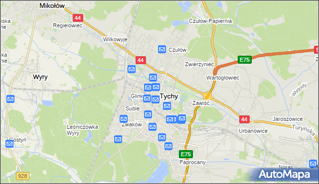 mapa Tychów, Tychy na mapie Targeo