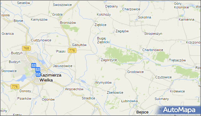 mapa Zagórzyce gmina Kazimierza Wielka, Zagórzyce gmina Kazimierza Wielka na mapie Targeo