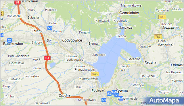 mapa Zarzecze gmina Łodygowice, Zarzecze gmina Łodygowice na mapie Targeo
