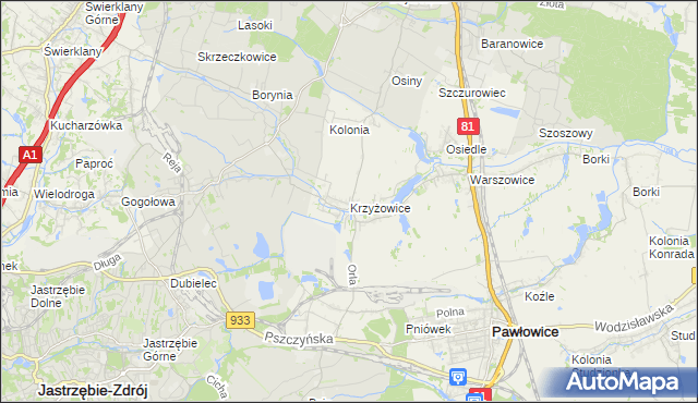 mapa Krzyżowice gmina Pawłowice, Krzyżowice gmina Pawłowice na mapie Targeo