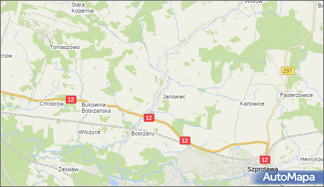 mapa Janowiec gmina Małomice, Janowiec gmina Małomice na mapie Targeo