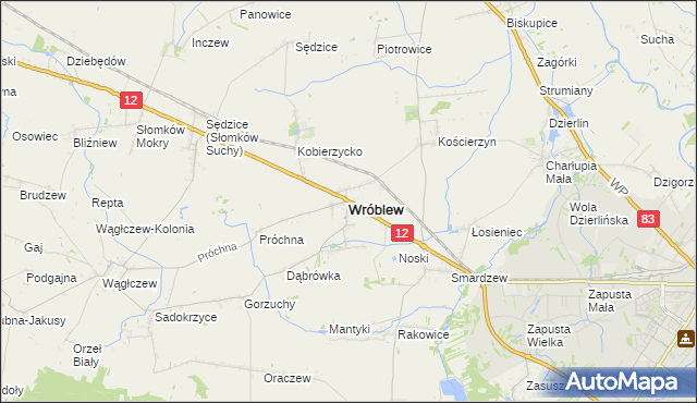 mapa Wróblew powiat sieradzki, Wróblew powiat sieradzki na mapie Targeo