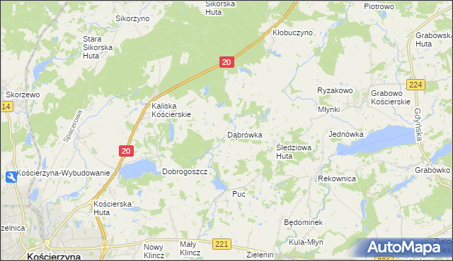 mapa Dąbrówka gmina Kościerzyna, Dąbrówka gmina Kościerzyna na mapie Targeo