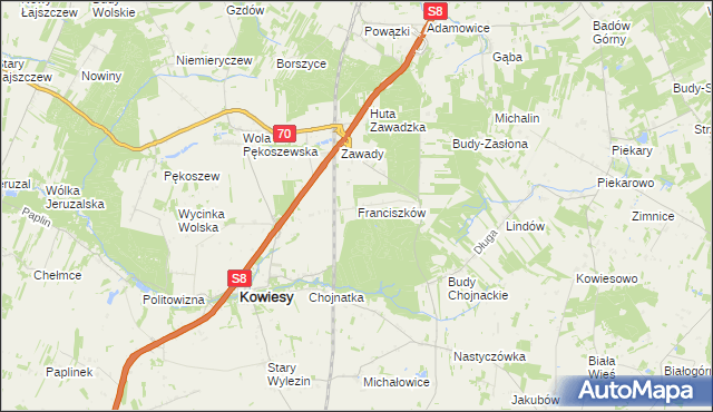 mapa Franciszków gmina Kowiesy, Franciszków gmina Kowiesy na mapie Targeo