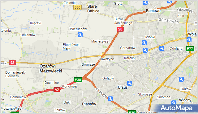 mapa Jawczyce gmina Ożarów Mazowiecki, Jawczyce gmina Ożarów Mazowiecki na mapie Targeo
