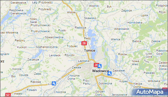 mapa Tomice powiat wadowicki, Tomice powiat wadowicki na mapie Targeo