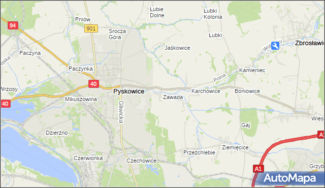 mapa Zawada gmina Zbrosławice, Zawada gmina Zbrosławice na mapie Targeo