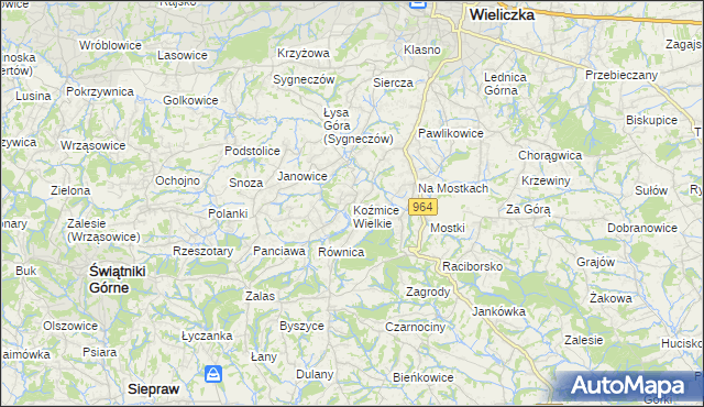 mapa Koźmice Wielkie, Koźmice Wielkie na mapie Targeo