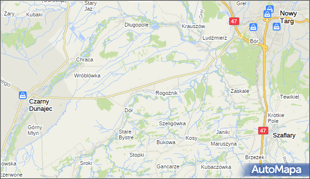 mapa Rogoźnik gmina Nowy Targ, Rogoźnik gmina Nowy Targ na mapie Targeo