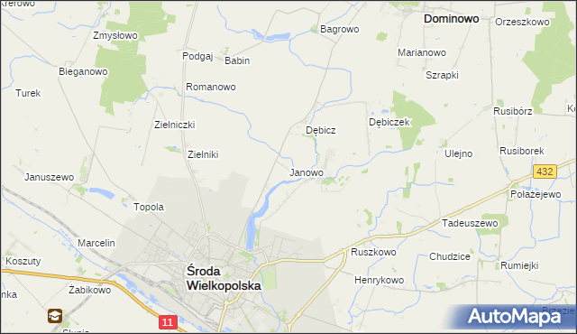 mapa Janowo gmina Środa Wielkopolska, Janowo gmina Środa Wielkopolska na mapie Targeo