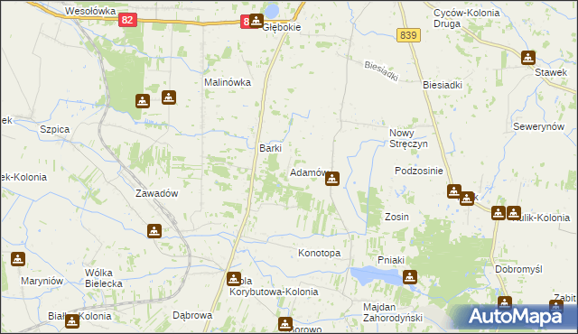 mapa Adamów gmina Cyców, Adamów gmina Cyców na mapie Targeo