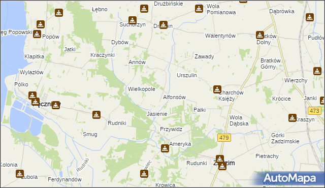 mapa Alfonsów gmina Zadzim, Alfonsów gmina Zadzim na mapie Targeo