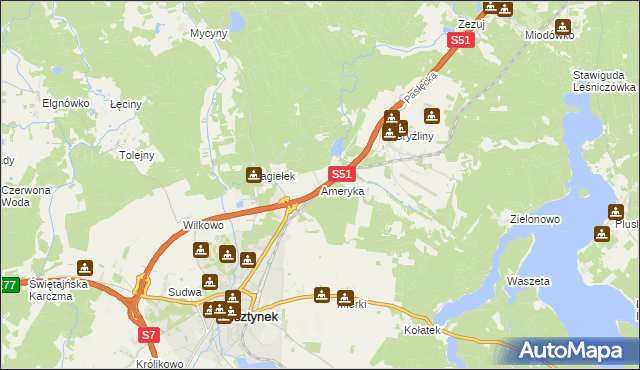mapa Ameryka gmina Olsztynek, Ameryka gmina Olsztynek na mapie Targeo