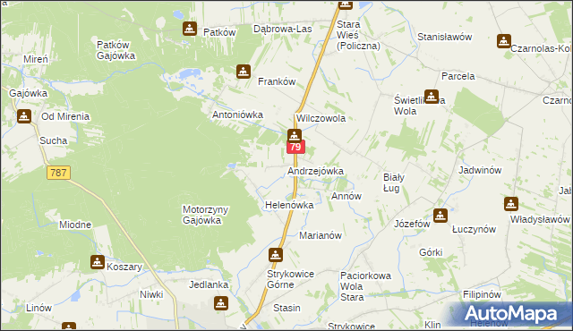 mapa Andrzejówka gmina Policzna, Andrzejówka gmina Policzna na mapie Targeo