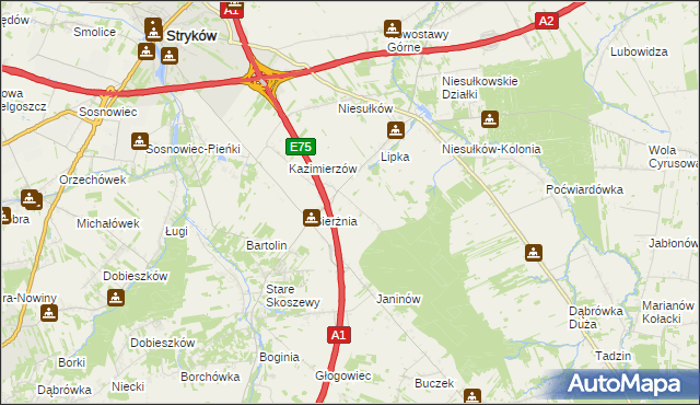 mapa Anielin gmina Stryków, Anielin gmina Stryków na mapie Targeo