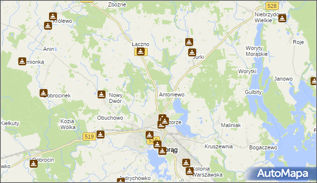 mapa Antoniewo gmina Morąg, Antoniewo gmina Morąg na mapie Targeo