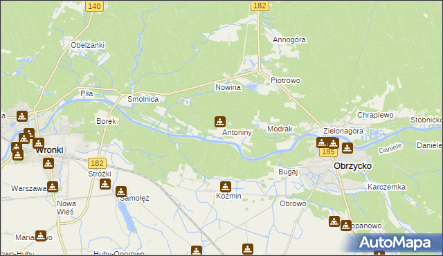 mapa Antoniny gmina Obrzycko, Antoniny gmina Obrzycko na mapie Targeo