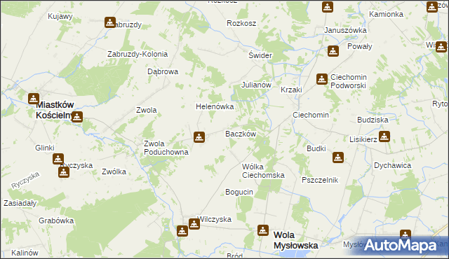 mapa Baczków gmina Wola Mysłowska, Baczków gmina Wola Mysłowska na mapie Targeo