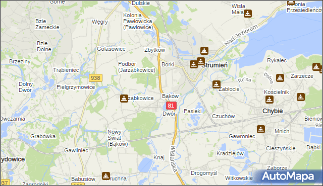 mapa Bąków gmina Strumień, Bąków gmina Strumień na mapie Targeo